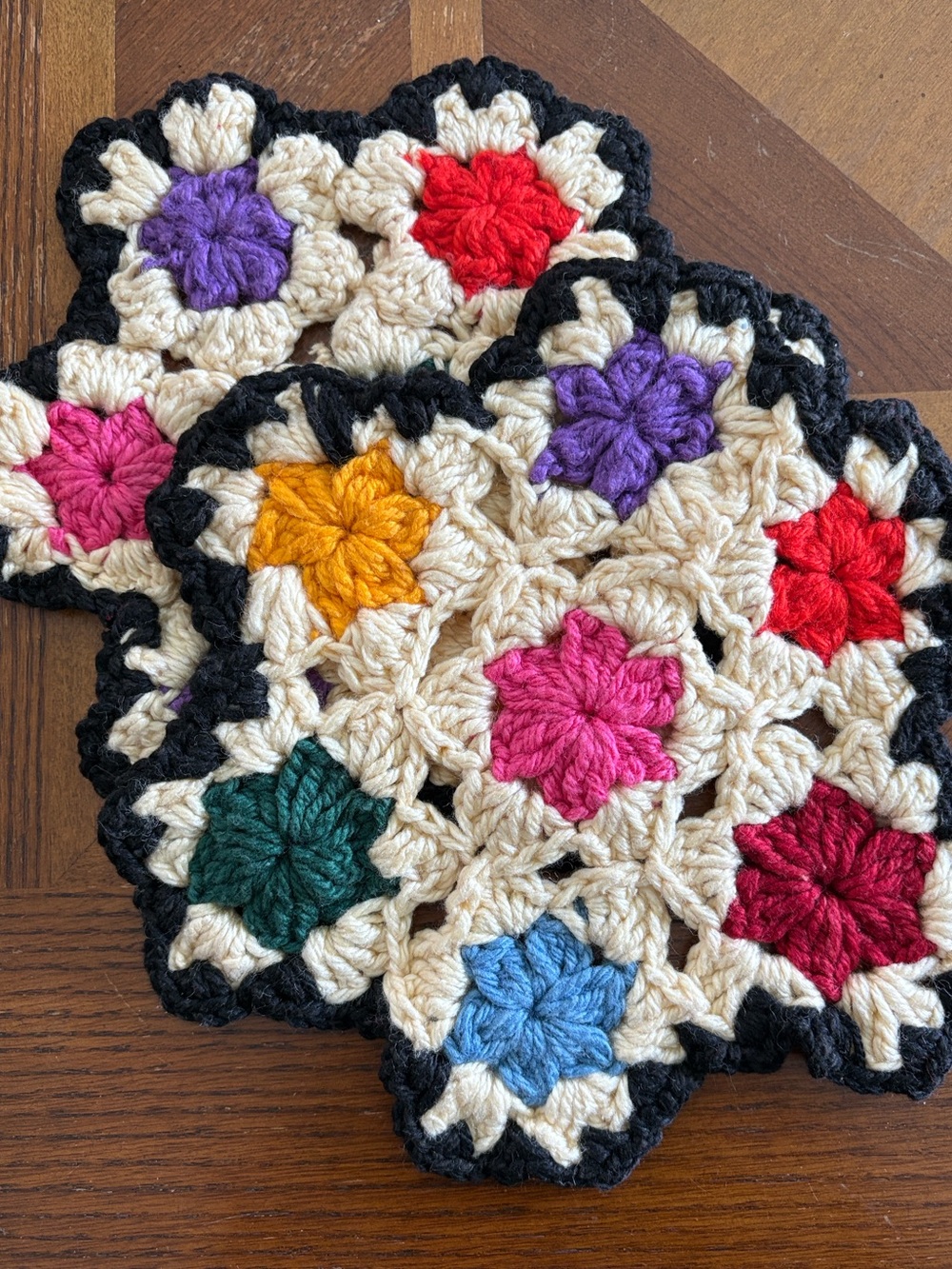 Handmade Crochet Floral Trivets in Cream with Multicolor Centers